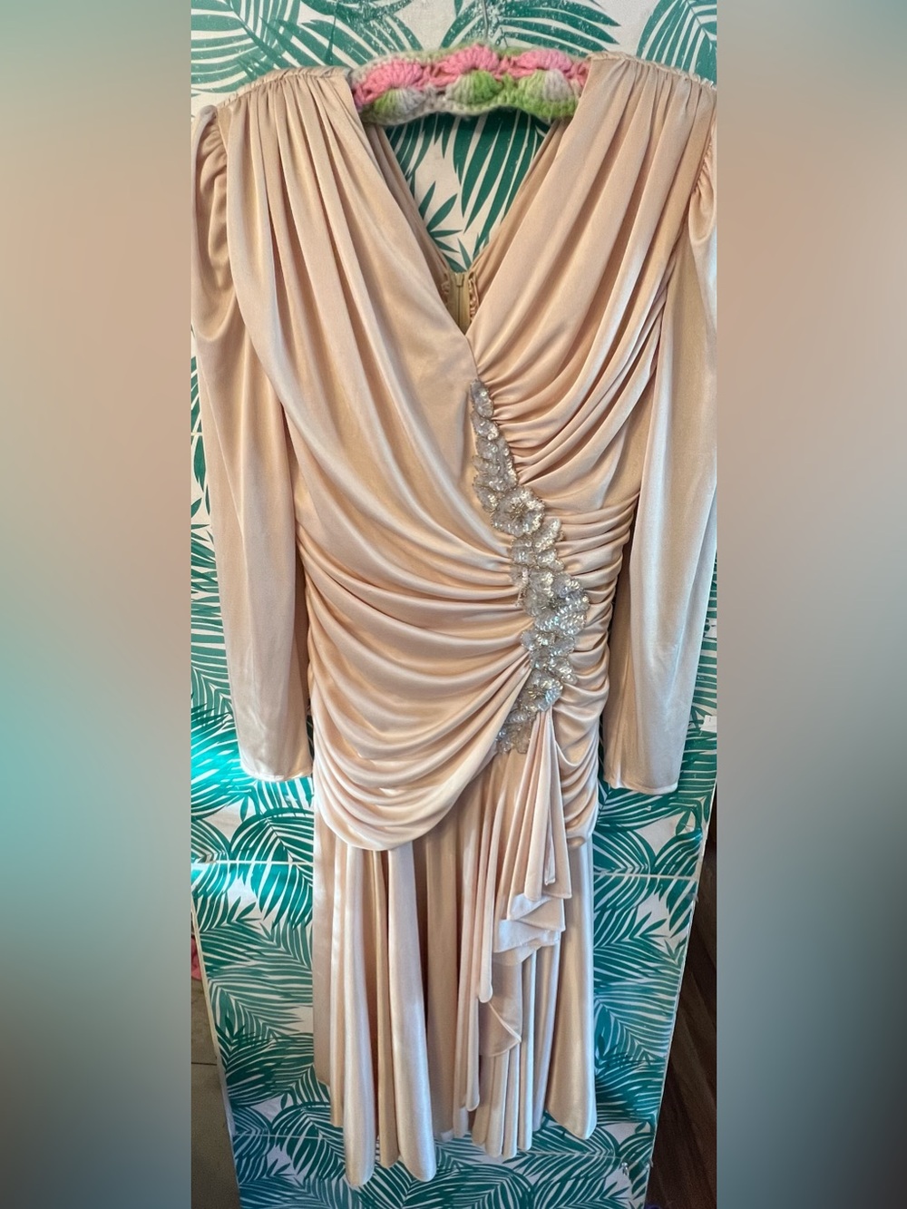 Vintage 80’s Filigree Elegant Ruched Sequin & beaded embellished Nude Dress 12